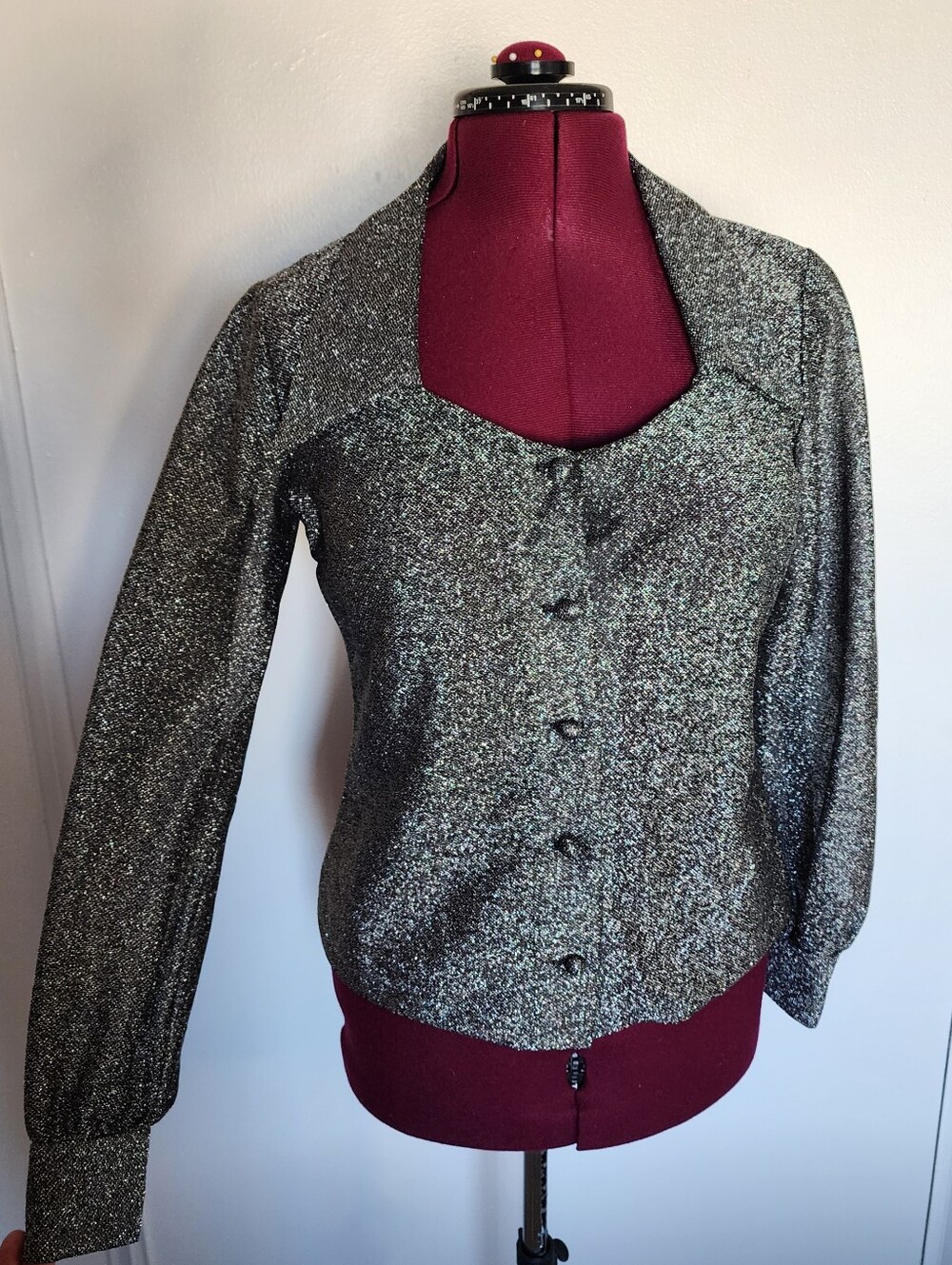 Vintage 70s Size 16 Disco Shirt Top Blouse Sparkle Metallic Glitter Black Party